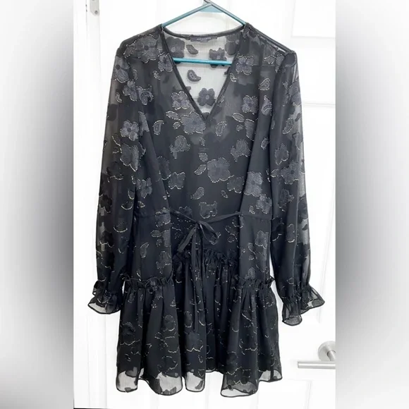 All Saints Black & Gold Embroidered Sheer Dress w/ Slip - Picture 2 of 7